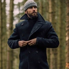 Mens Black Pea Coat 100% Wool Blend Double Breasted button Jacket Trench Coat