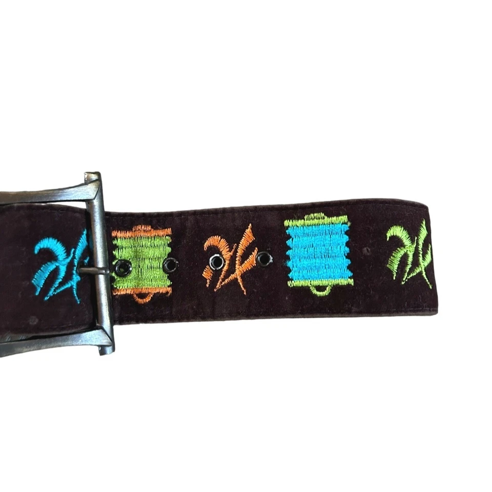 Винтажный вышитый коричневый пояс с латунной пряжкой китайские буквы - Изображение 4 из 4