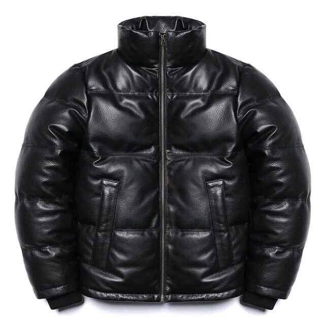 Mens Black Genuine Leather Lambskin Bomber Quilted Down Puffer Jacket