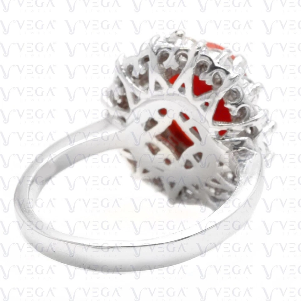 Anillo de compromiso de diamantes y coral natural enchapado en oro blanco de 18 quilates con forma ovalada de 5,04 quilates Foto 4 de 4