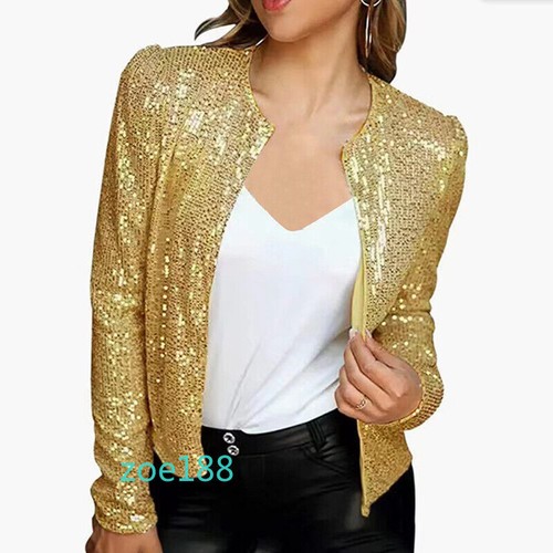 Blazer de mujer con lentejuelas delanteras abiertas manga larga cárdigan brillante chaqueta bolero encogida de hombros - Imagen 12 de 30