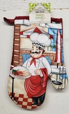 Printed Kitchen Oven Mitt, 10.5", FAT CHEF WITH DISH & RED TOWEL, red back SH