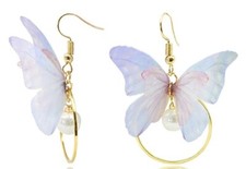 L K Women Butterfly Wing Earrings Chiffon Fabric