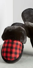 Womens Slippers Red and Black Plaid Fur Trimmed Charlie Paige New 