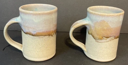 Vintage Handcrafted Stoneware Blue Drip Glazed Pottery Mug Signed “Sal” Set of 2