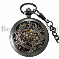 Steampunk Vintage Skeleton Mechanical Windup Pocket Watch Chain Mens Womens