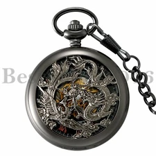 Steampunk Vintage Skeleton Mechanical Windup Pocket Watch Chain Mens Womens