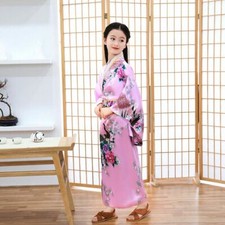 New Japanese Childrens Girls Pink with Flower Prints Long Kimono Outfit gjk5