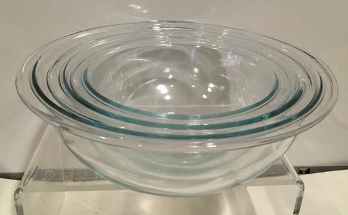 Pyrex 322 323 325 Clear Glass Blue Tint Nesting Mixing Bowls USA - Set of 3