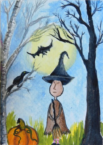 ACEO Whimsical Witch Pumpkin bat & Crow Magnetic Frame Original Art by Rain Crow
