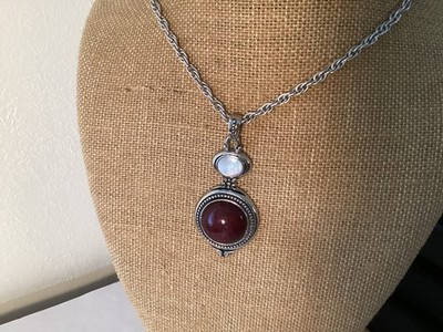 Lia Sophia Red Plum & MOP Pendant Silver Tone Necklace 24  Vtg. Free Shipping
