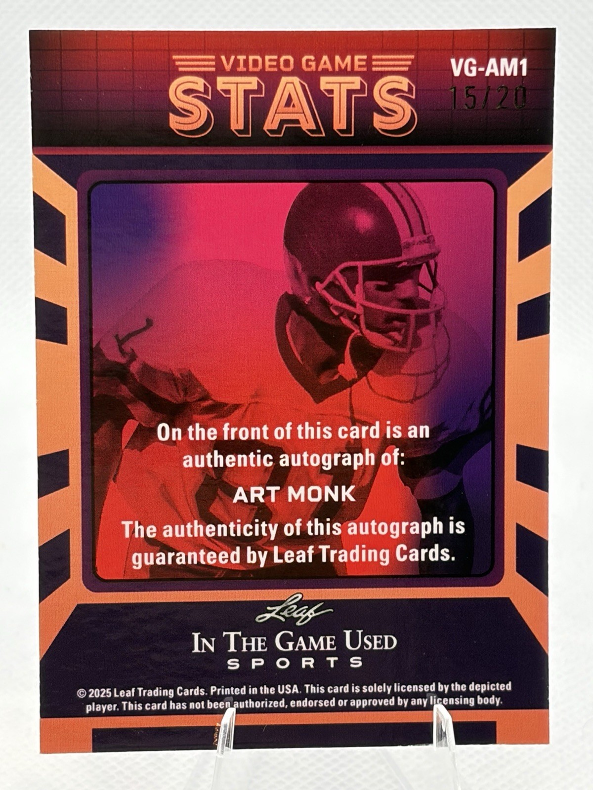2025 Leaf In The Game Art Monk 15/20 Auto  Commanders Redskins HOF view 3