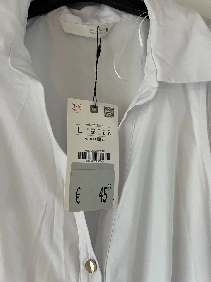 Zara Damen Hemdblusenkleid weiß Midi ärmellos Baumwoll-Popeline mit Gürtel Gr. L - Bild 3 von 4