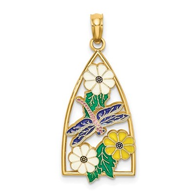 14K Gelbgold Emaille Libelle Anhänger Floral Blatt Natur Frühling Schmuck Damen