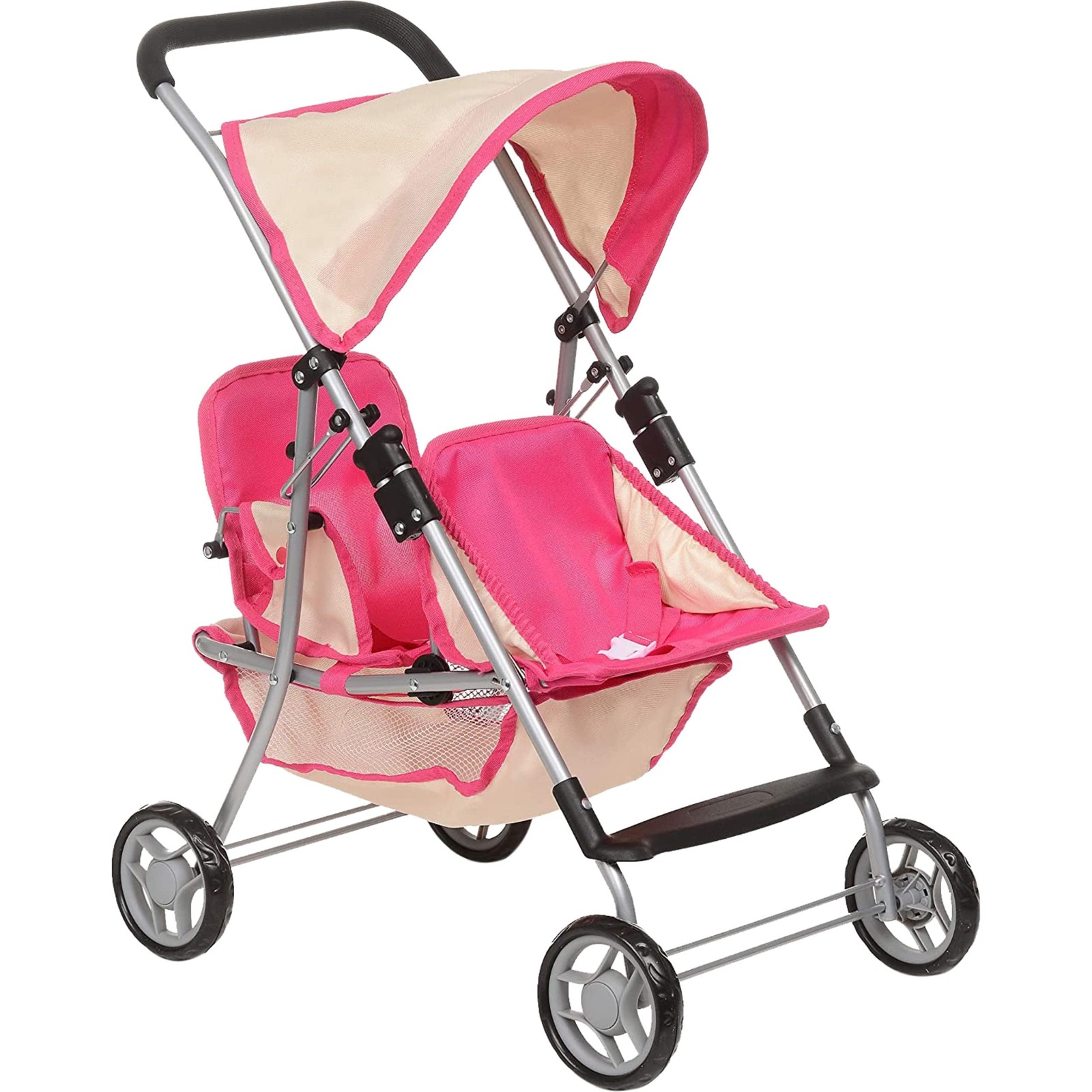 Twin Doll Stroller | Pink & Off-White Foldable Double Stroller with Basket