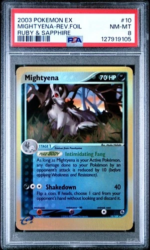 2003 POKEMON EX RUBY & SAPPHIRE #10 MIGHTYENA-REVERSE FOIL PSA 8