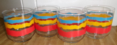 4 VTG Libbey Juice Glasses w Wavy Blue, Yellow, & Red Stripes MCM 3 1/4'' x 3''