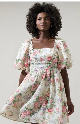 Sugarlips Peony Floral Eyelet Sonora Bubble Sleeve Babydoll Dress Size Medium