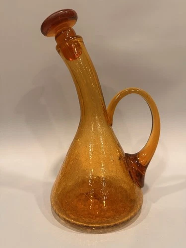 MCM Blenko 948 Crackled Glass Bent Neck Decanter Chartreuse Amber with Stopper