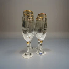 Set 4 Vintage Bohemia Crystal-Crystalex BOC42 Champagne Flute Glasses, Gold Trim