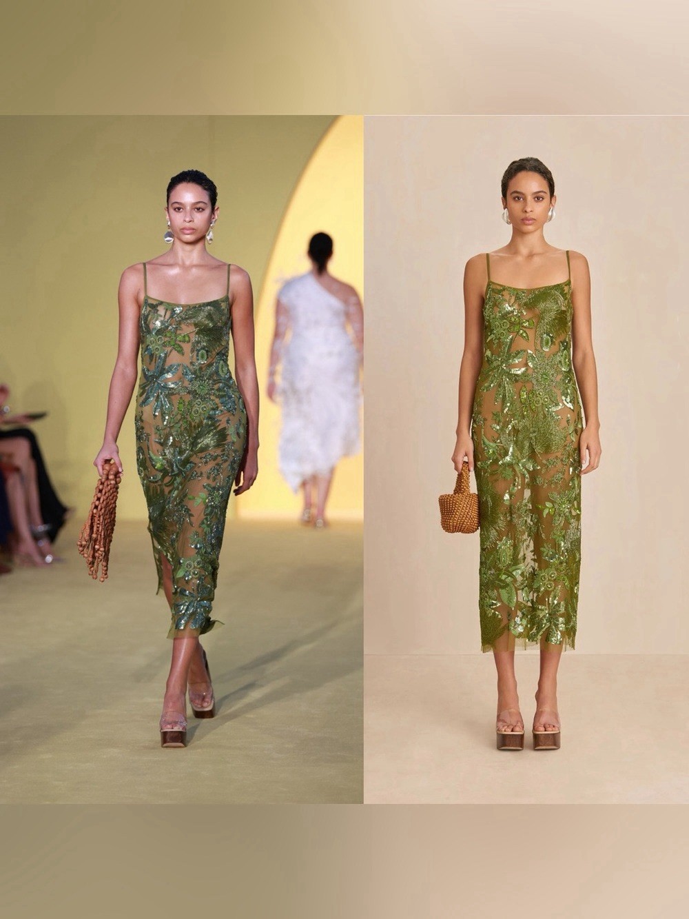 Vestido de culto Gaia Kennedy malla con cuentas verde olea bueno