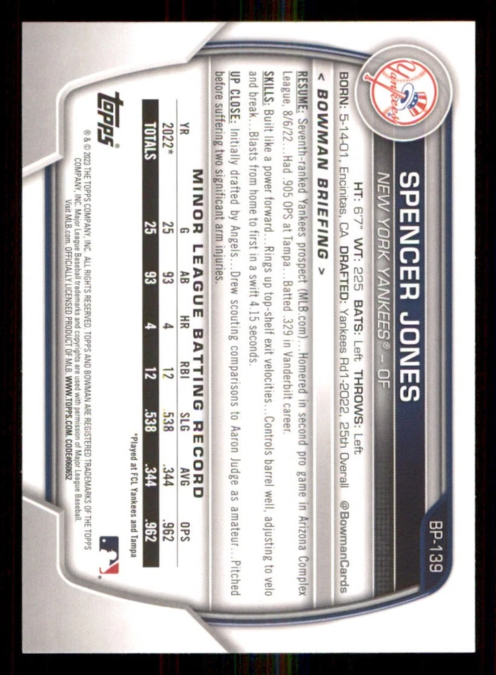 2023 Bowman Prospects #BP139 Spencer Jones - Image 2 of 2