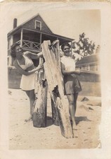 Vintage Young Women Swimsuit Shorts Posing Beach 1940s Photo House Legs Playful