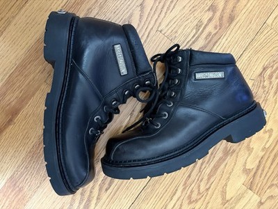 Harley Davidson 91715 Black Leather Motorcycle Mens Boots 10.5 w/ Skull Lace-Ups