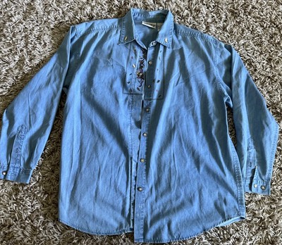Vtg Northern Reflections Denim Shirt Womens Size M Embroidered Leaves Fall Boho
