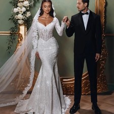 Lace Mermaid Wedding Dress Long Sleeves Pearl Beaded Bride gown with Court Train