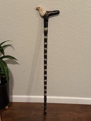 Wooden Cane Walking Stick Eagle Head Handle Black Brown White Decorative
