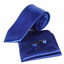 Mens Solid Color Tie 8cm and Pocket Square Cufflink Set for Men Wedding Blue
