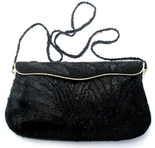 Vintage Black Fully Glass Beaded Purse Clutch or Shoulder Bag Satin Lining