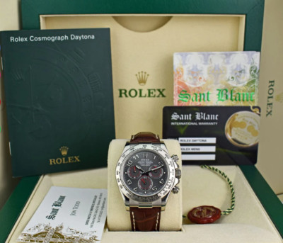 ROLEX 18kt White Gold DAYTONA Slate Arabic Dial Leather Strap 116519 SANT BLANC
