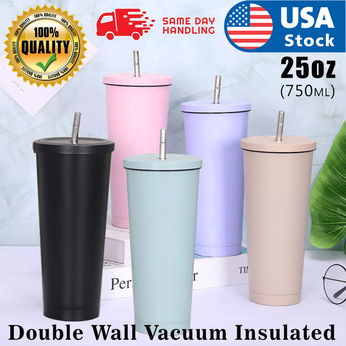 Insulated Coffee Mug Travel Thermos Cup Coffee To Go With Straw Double Wall Insulated  Stainless Steel With Lid Kids Women Men