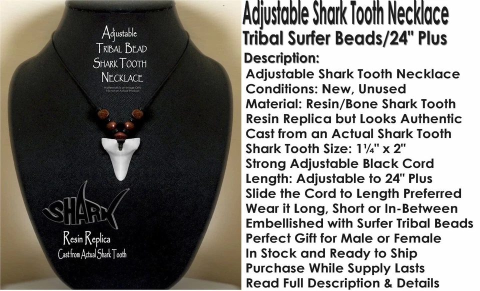 ОЖЕРЕЛЬЕ С ЗУБАМИ ПЛЕМЕННОЙ АКУЛЫ 2 дюйма МЕГАЛОДОН Ископаемые Челюсти Большая Белая Реплика Мако - Изображение 2 из 4