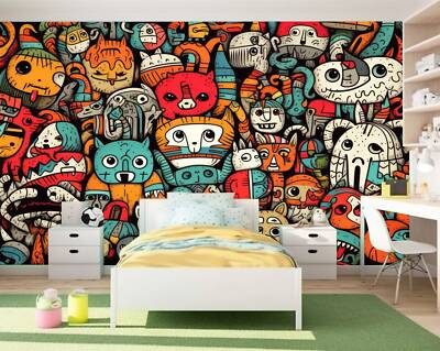 Kawaii Doodle Monster, Stadt, Katze Tapete Wandbild Abnehmbar Abwaschbar Abziehen & Aufkleben