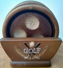 Set of Four 4x Vintage Golf-Themed Ceramic Coasters with Holder FC93-1-R