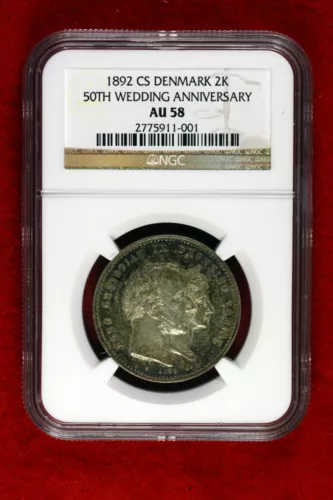 1892-CS NGC Au58 "Toned" Denmark 50Th Wedding Anniversary 2 Kroner #E0843