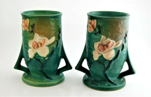 Pair of Antique Roseville Vases Art Deco Magnolia Double Handled 87-6 Circa 1943