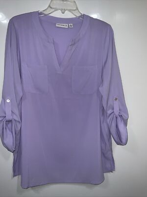 Susan Graver M Purple V-Neck Roll Tab Sleeves 2 Pocket Pullover Blouse