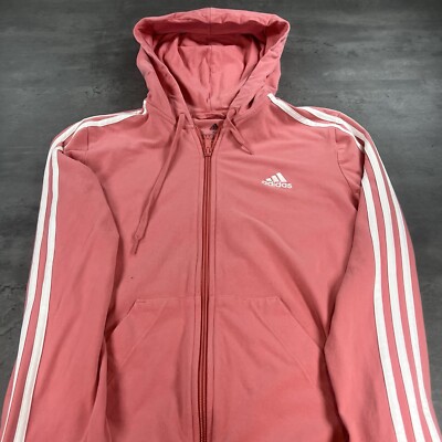 Adidas Hoodie Women Medium Pink White Stripe Full Zip Up