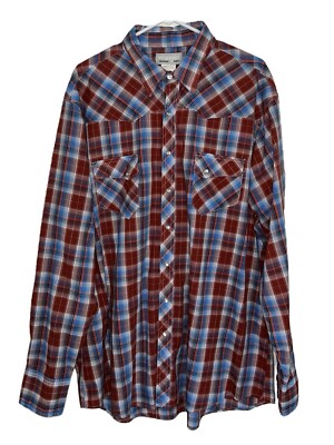 Wrangler Wrancher Pearl Snap Button Shirt Red Blue Plaid Mens Size 2XLT Western