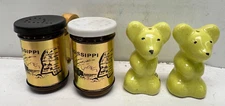 amber glass beer steins & bright colored bears salt and pepper shakers