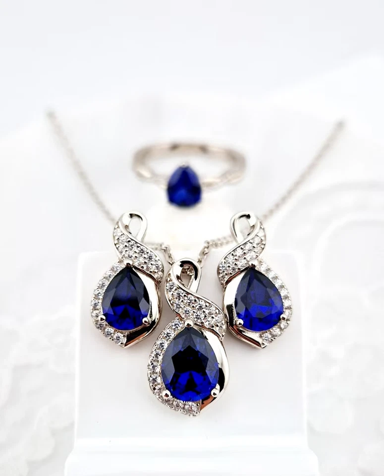 Anillo Pendientes y Colgantes Joyería Conjunto Nupcial Corte Pera Zafiro Creado Laboratorio Foto 2 de 4