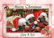 Personalised Christmas Card Pug puppies in Santa hats and tartan scarves