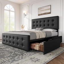 Full Bed Frame with 4 Storage Drawers and Headboard Faux Leather Upholstered