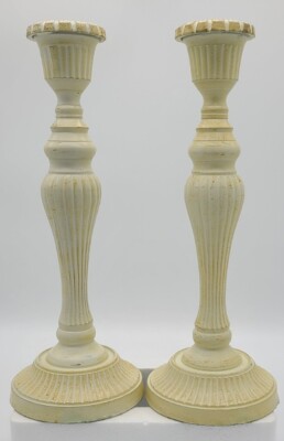 Primitive Candlestick Candle Holders Antique White Heavy 12'' Matching Set of 2