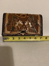 Genuine Leather Small Hand Tooled Purse Bag Clutch Flap Tan Floral Strap Boho T2