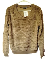 NWT Almost Famous Women's Cocoa Brown Fuzzy Crewneck Pullover Sweater, Sz L